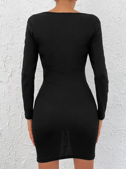 Kadın Uzun Kollu V Yaka Büzgülü Kaşkorse Elbise - Resim 6