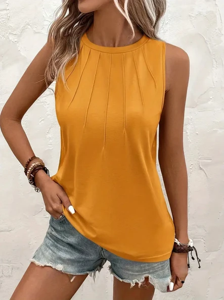 Kadın Kolsuz Bisiklet Yaka önden şerit Detaylı Viskon Bluz - Resim 4