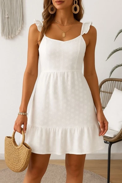 Kadın Omuz Askılı Eteği Volan Detay Brode Elbise ürün görseli