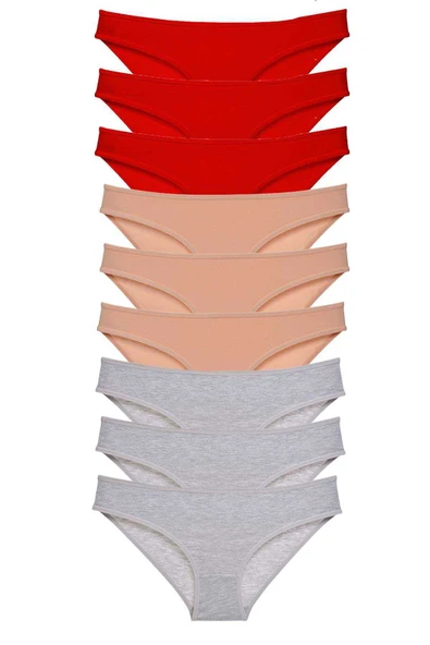 9 adet Süper Eko Set Likralı Kadın Slip Külot Kırmızı Ten Gri ürün görseli
