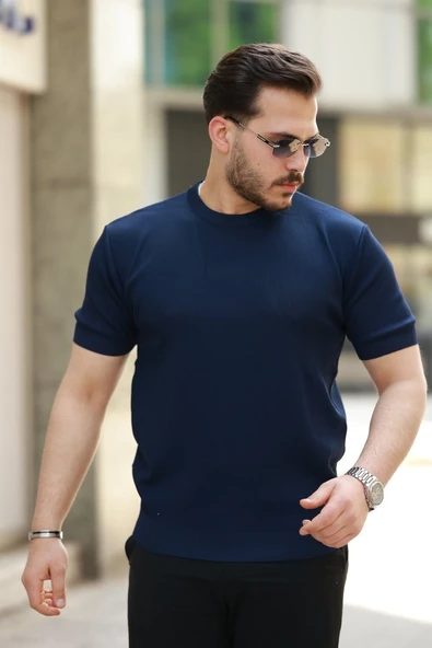 Erkek Bisiklet Yaka Jakarlı Kısa Kollu Tshirt - 1