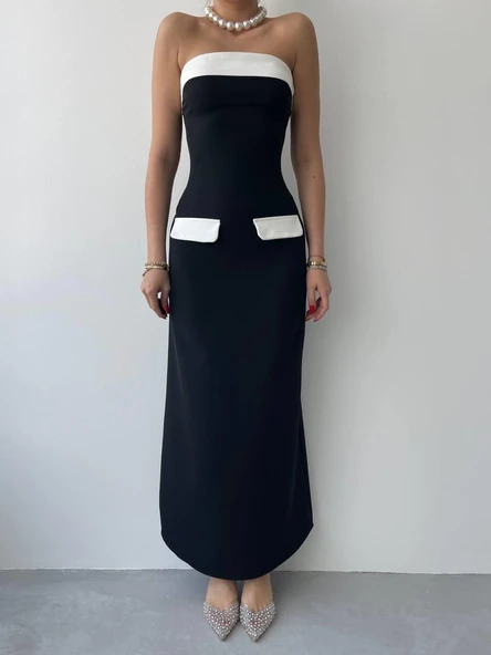 Cep Detaylı Straplez Elbise - Resim 2