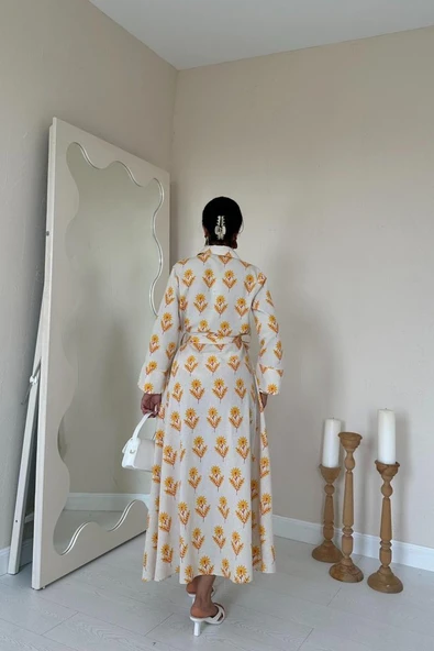 Bej Desenli Ve Önü Düğmeli Keten Elbise - Resim 4