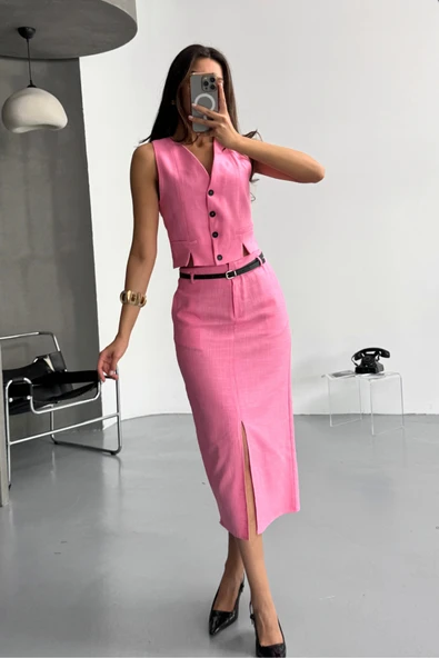 YELEK-ÖNDEN YIRTMAÇLI ETEK TK ŞANTUK KETEN - Pembe - 4