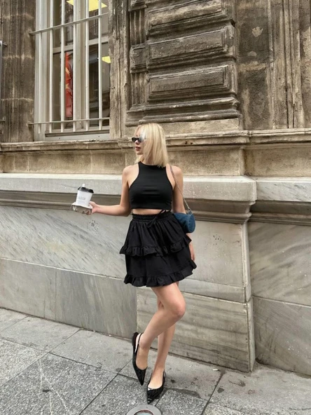 BEL LASTİKLİ KAT FIRFIR DETAYLI KISA ETEK - Siyah - Resim 2