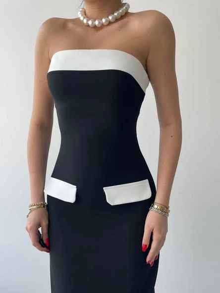 Cep Detaylı Straplez Elbise - Resim 4