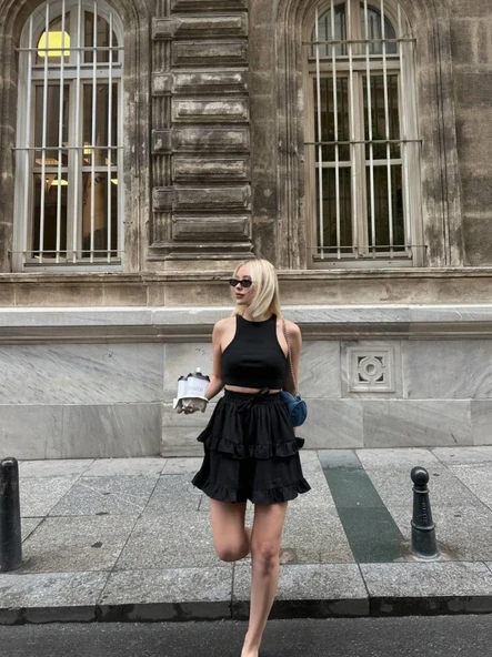 BEL LASTİKLİ KAT FIRFIR DETAYLI KISA ETEK - Siyah - Resim 3