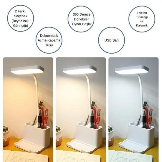 BUFFER® Kalemlikli USBli Dokunmatik 3 Kademeli 360 Derece Özel Göz Korumalı led Lityum Masa Lambası - 3