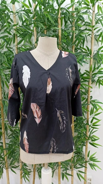 Kadın Yaprak Baskı Ayarlanabilir Truvakar Kol Süper Soft Bluz - Resim 5