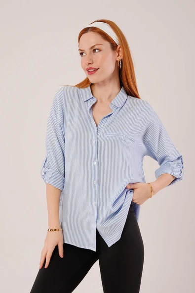 Cep Detay Çizgili Oversize Mavi Gömlek - Resim 4