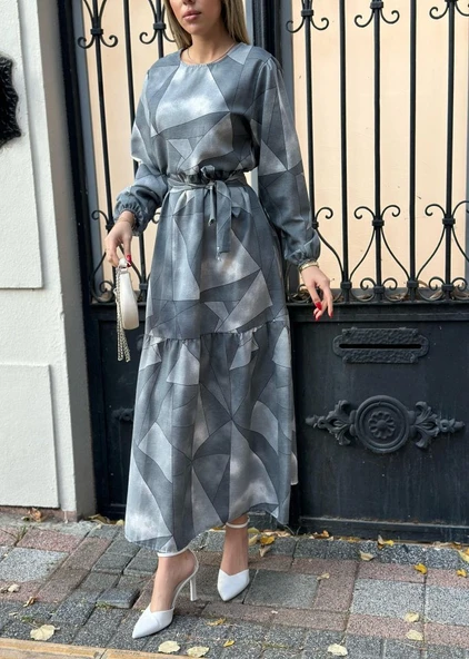 Kadın Uzun Kollu Bisiklet Yaka Geometrik Desen Baskılı Kuşak Dahil Maxi Boy Elbise - Resim 6