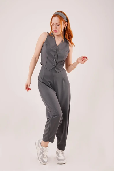 Önü Düğmeli Gri Yelek - Resim 2