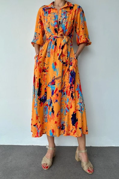 Oranj Çiçek Desenli Kemerli Elbise - Resim 2