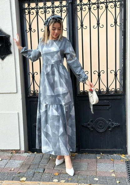 Kadın Uzun Kollu Bisiklet Yaka Geometrik Desen Baskılı Kuşak Dahil Maxi Boy Elbise - Resim 5