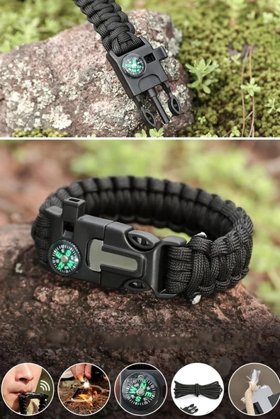 BUFFER® 5'i 1 Arada Çok Fonksiyonlu Hayatta Kalma Bilekliği Pusula, Düdük, Çakmak Taşı ve Şemsiye İpi Bileklik - Resim 6