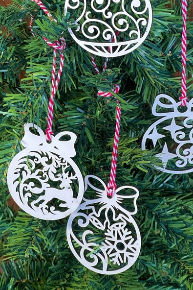 BUFFER® 10 Parça Kırmızı Beyaz İpli Fiyonk Model Ahşap Yılbaşı Ağaç Süsü - Resim 8