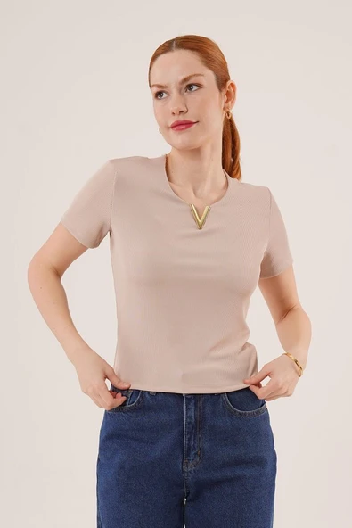 Kısa Kollu Yaka Detaylı Kaşkorse Taş Bluz ürün görseli