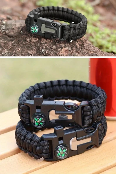BUFFER® 5'i 1 Arada Çok Fonksiyonlu Hayatta Kalma Bilekliği Pusula, Düdük, Çakmak Taşı ve Şemsiye İpi Bileklik - 8