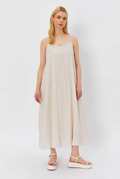 Askılı Uzun Çan Elbise - Natür - Resim 3