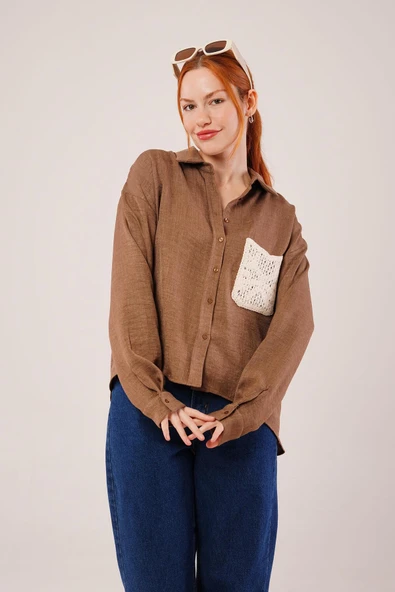Etnik Cep Detaylı Kahverengi Gömlek - Resim 3