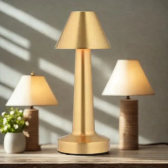BUFFER® Çatı Model Gold Renk Şarjlı Dokunmatik 3 Renkli LED Masa Lambası - 4