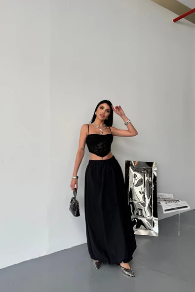 BEL LASTİKLİ BALON ETEK ŞANEL BOY SOFT KUMAŞ - Siyah ürün görseli