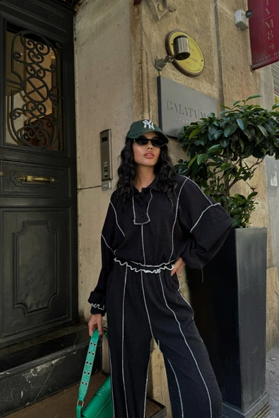 BİYELİ BLUZ PANTOLON TAKIM ŞÖNİL KUMAŞ - Siyah - Resim 3