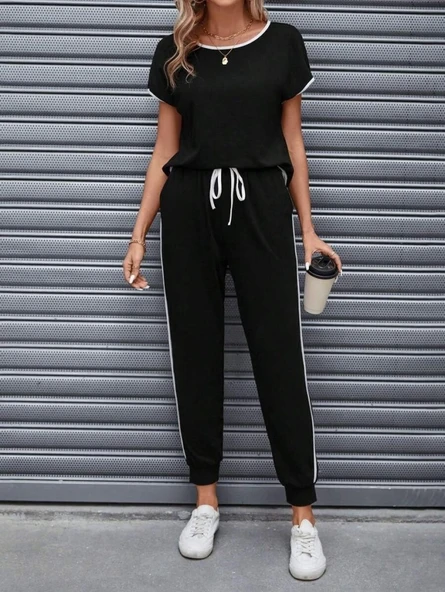 Kadın Kısa Kollu Kayık Yaka Viskon Iki Iplik Bluz Ve Bağcıklı Pantolon Ikili Takım - Resim 4