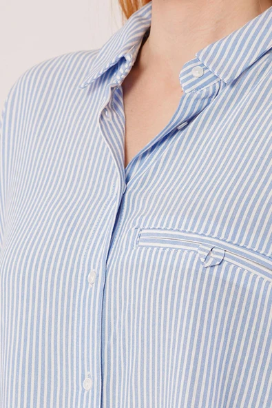 Cep Detay Çizgili Oversize Mavi Gömlek - Resim 3