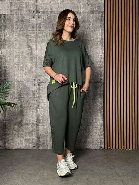 Kadın Kısa Kollu Bisiklet Yaka Viskon Iki Iplik Bluz Ve Pantolon Ikili Takım - Resim 4