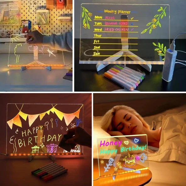 BUFFER® LED Işıklı Kendiliğinden Renkli Fosforlu Kalemli Dikdörtgen Yazı Panosu 20x30 cm - Resim 5