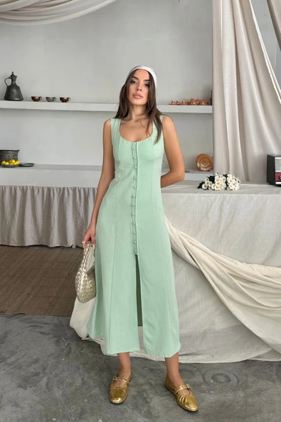 KETEN KOLSUZ KARE YAKA DÜĞME DETAYLI ELBİSE - Mint ürün görseli