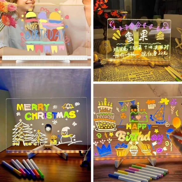 BUFFER® LED Işıklı Kendiliğinden Renkli Fosforlu Kalemli Dikdörtgen Yazı Panosu 20x30 cm - Resim 3