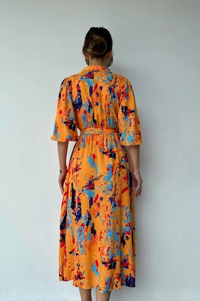 Oranj Çiçek Desenli Kemerli Elbise - Resim 3