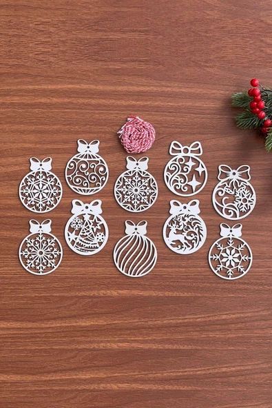 BUFFER® 10 Parça Kırmızı Beyaz İpli Fiyonk Model Ahşap Yılbaşı Ağaç Süsü - Resim 5