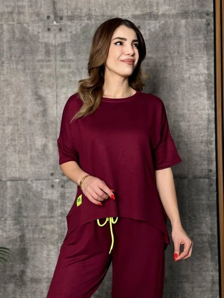 Kadın Kısa Kollu Bisiklet Yaka Viskon Iki Iplik Bluz Ve Pantolon Ikili Takım - Resim 4