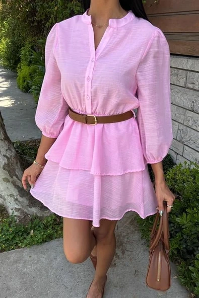 Deri Kemerli Fırfırlı Elbise 2901 - Resim 3