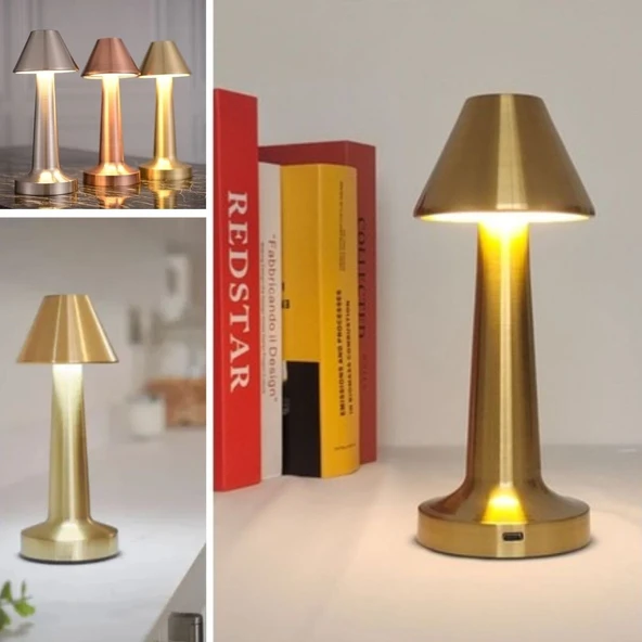 BUFFER® Çatı Model Gold Renk Şarjlı Dokunmatik 3 Renkli LED Masa Lambası - 3