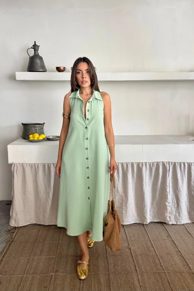 KETEN ÖNDEN DÜĞMELİ KOLSUZ GÖMLEK YAKA ELBİSE - Mint ürün görseli