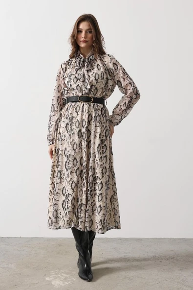 Yılan Desen Uzun Yaka Detaylı Elbise - Krem-Siyah - Resim 2