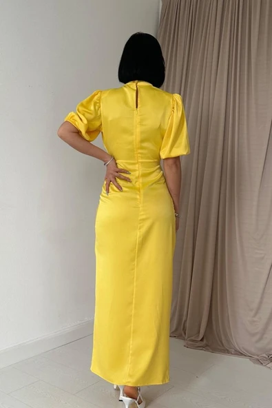 Sarı Büzgülü Saten Elbise - 3
