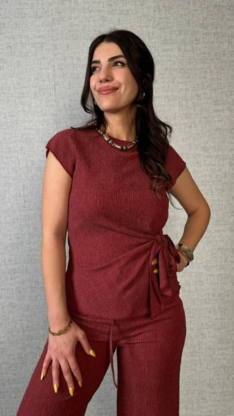 Kadın Kısa Kollu Bisiklet Yaka Yandan Bağlamalı Bürümcük Bluz Ve Pantolon Ikili Takım - Resim 2