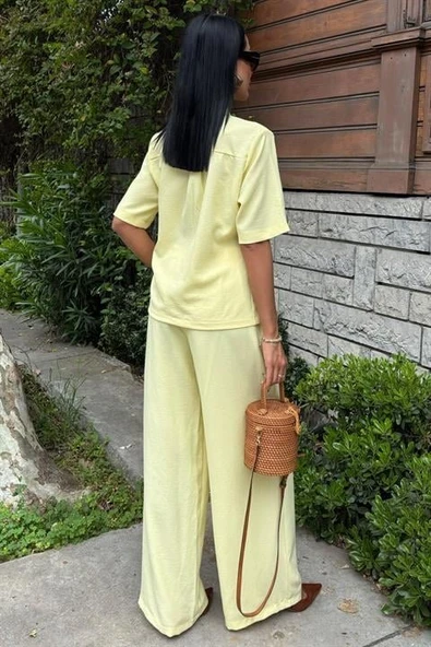 Hakim Yaka Çapraz Düğmeli Plazzo Pantolon Viscon Keten Takım 10209 - Resim 4