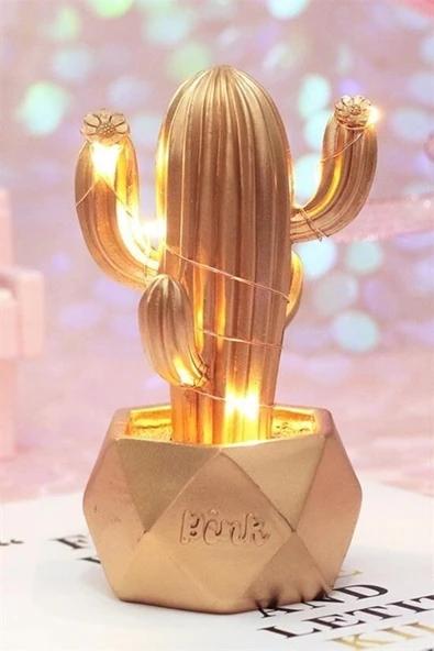 BUFFER® Led Işıklı Sevimli Kaktüs Dekoratif Masa Lambası Mini Biblo Gece Lambası-GOLD - Resim 8