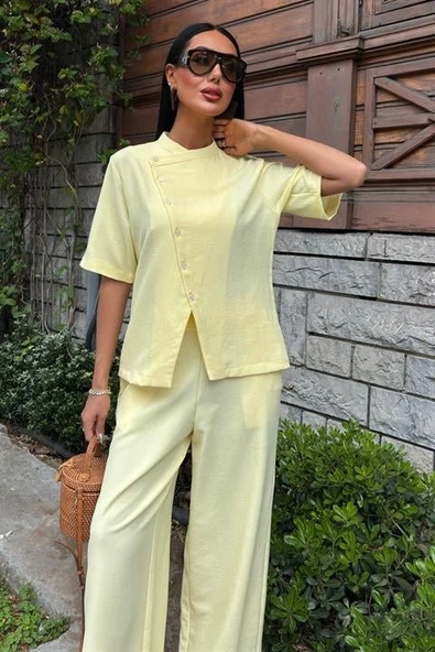 Hakim Yaka Çapraz Düğmeli Plazzo Pantolon Viscon Keten Takım 10209 - Resim 7