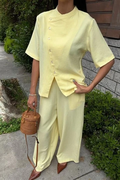 Hakim Yaka Çapraz Düğmeli Plazzo Pantolon Viscon Keten Takım 10209 - Resim 3