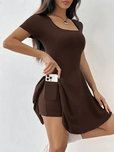 Kadın Kısa Kollu Kare Yaka Short Detaylı Cepli Dalgıç Elbise - Resim 2