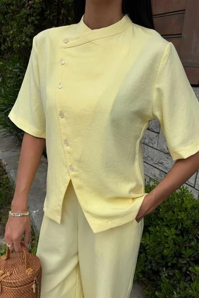 Hakim Yaka Çapraz Düğmeli Plazzo Pantolon Viscon Keten Takım 10209 - Resim 8