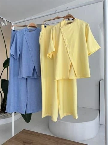 Hakim Yaka Çapraz Düğmeli Plazzo Pantolon Viscon Keten Takım 10209 - Resim 11