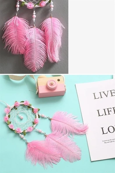 BUFFER® El Yapımı Kuş Tüyü ve Led Işıklı Dekoratif Asma Düş Rüya Kapanı - Resim 7